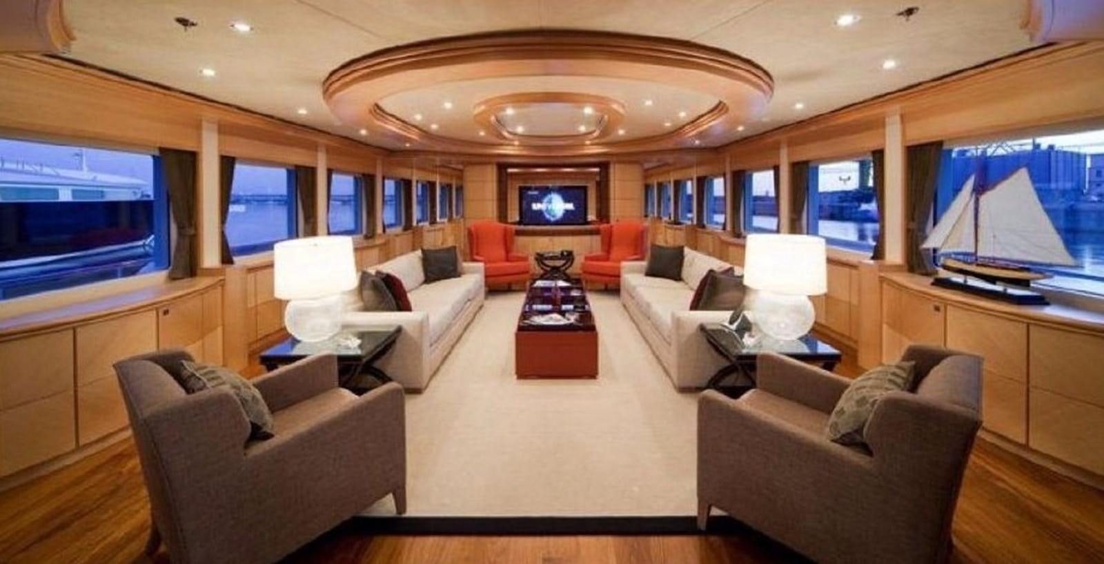 a living room with a large screen aboard GOLDEN HORN Yacht for Sale