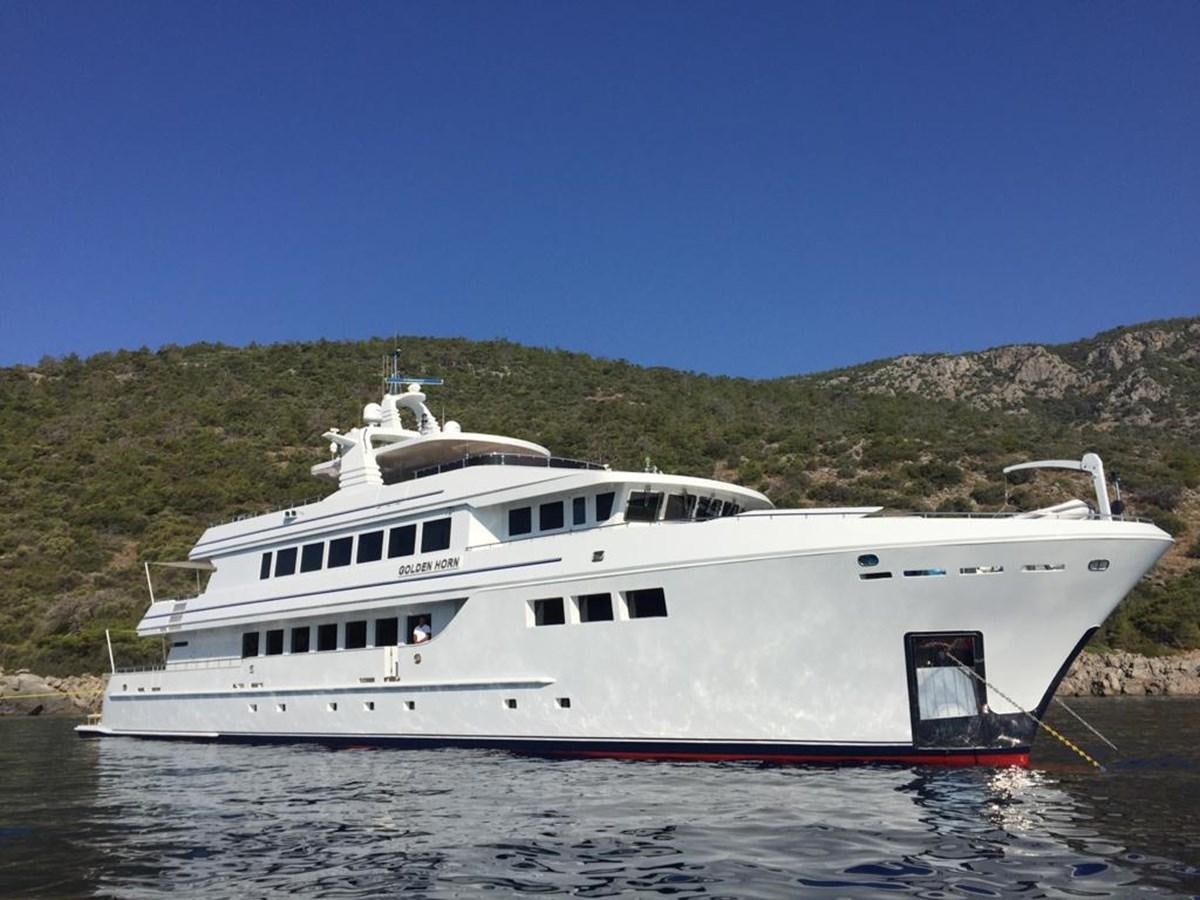 a white boat in the water aboard GOLDEN HORN Yacht for Sale