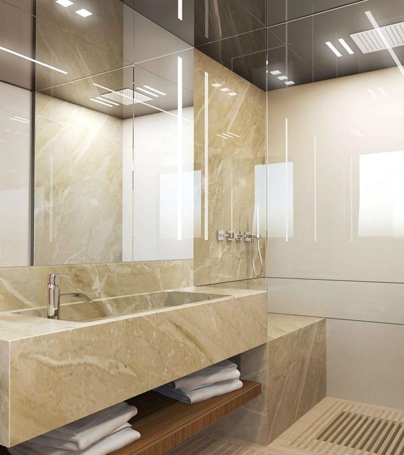 a bathroom with a large mirror aboard LEGACY 40 Yacht for Sale