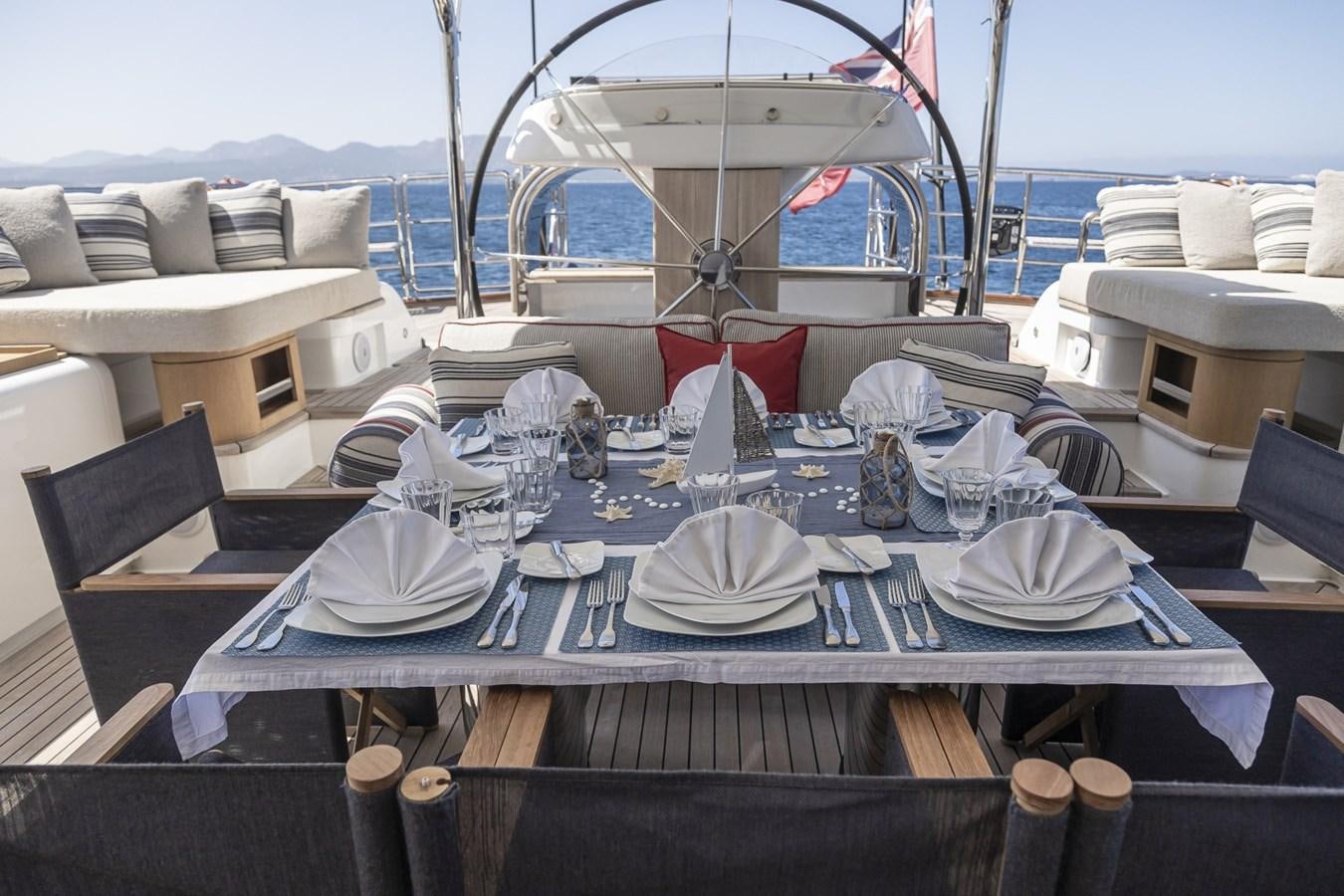 a table with hats and chairs on it aboard STATE OF GRACE Yacht for Sale
