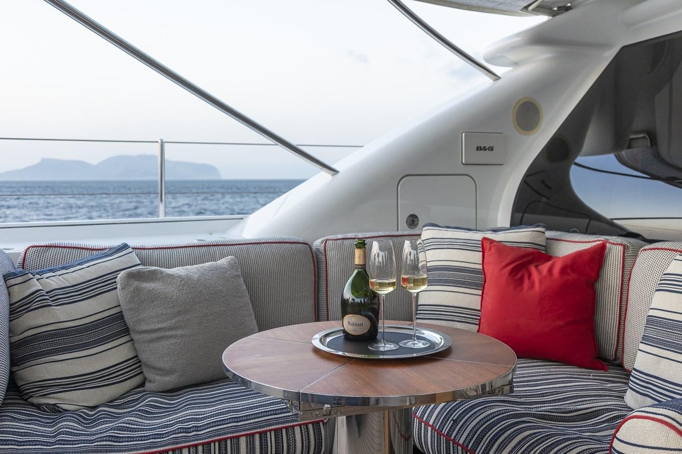 a table with wine glasses on it aboard STATE OF GRACE Yacht for Sale