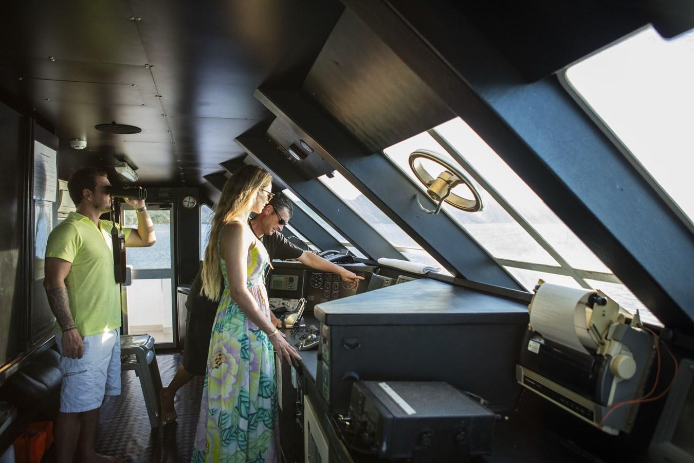 a group of people standing in a room with machinery aboard HAUMANA Yacht for Sale