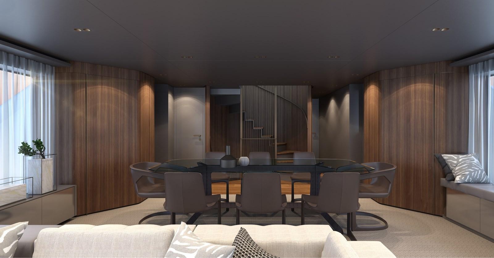 a large room with a table and chairs aboard SANLORENZO SD118/107 Yacht for Sale