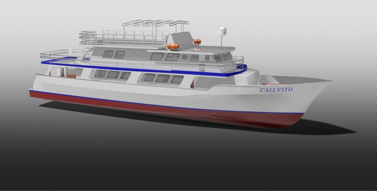 a white and blue boat aboard CALLISTO Yacht for Sale