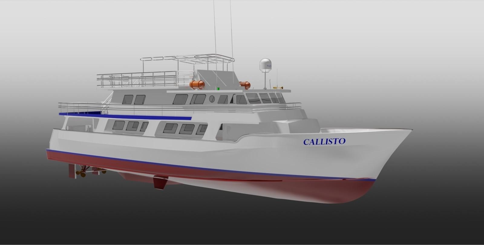 a white and blue boat aboard CALLISTO Yacht for Sale