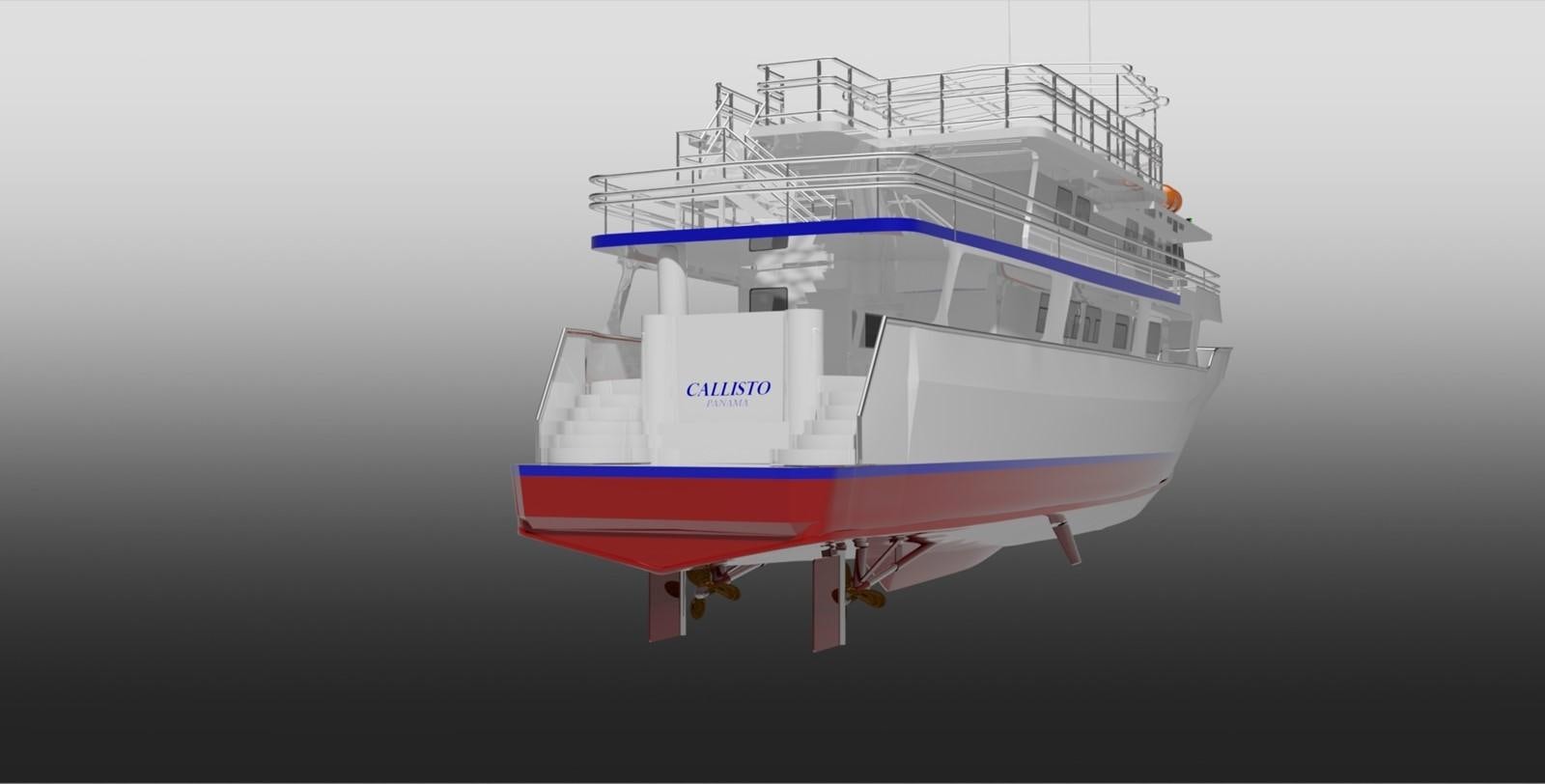 a white and blue boat aboard CALLISTO Yacht for Sale