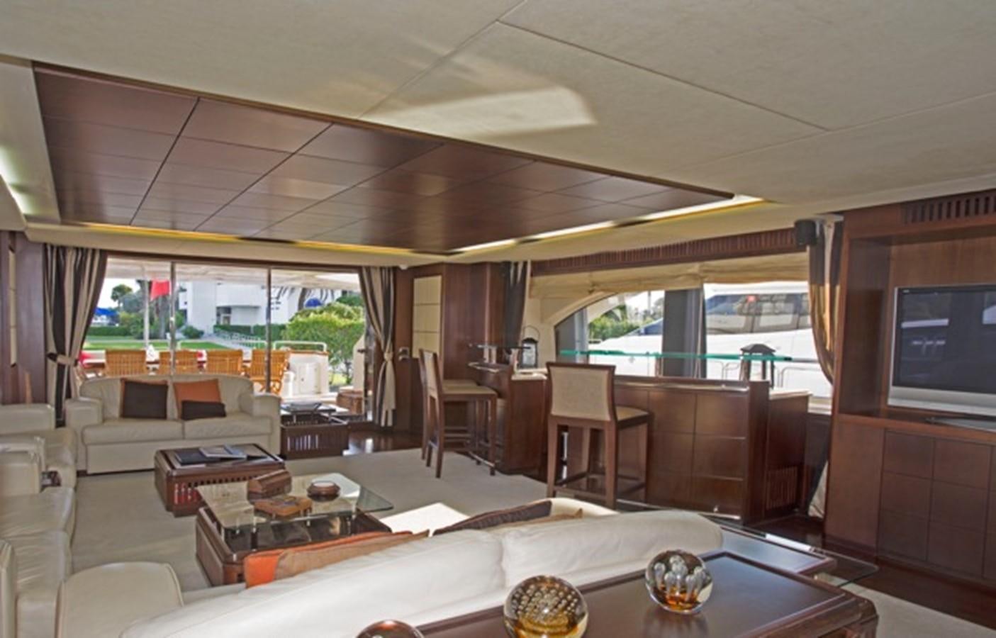 a room with a table chairs and a tv aboard MOMENTO.   2006 AZIMUT 116 @ Yacht for Sale
