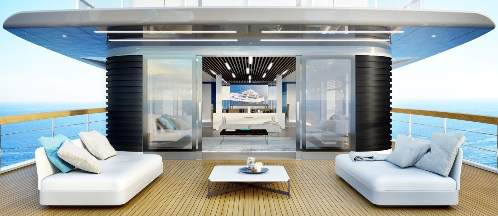 a room with a large window and a couch aboard 35M CECCARELLI EXPLORER YACHT Yacht for Sale