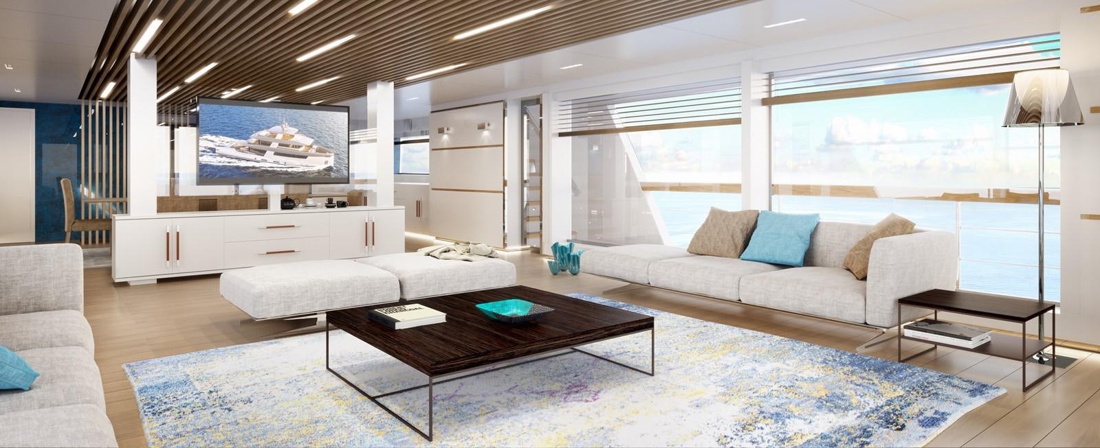 a living room with a couch and a coffee table aboard 35M CECCARELLI EXPLORER YACHT Yacht for Sale