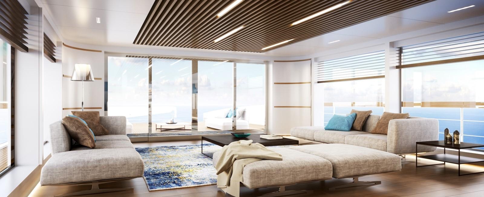 a living room with a large window aboard 35M CECCARELLI EXPLORER YACHT Yacht for Sale