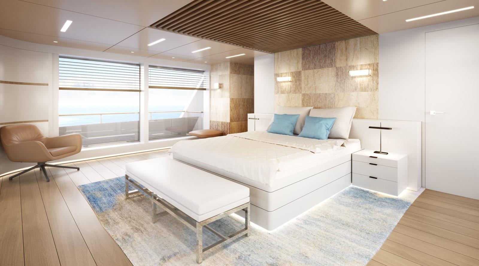 a large bedroom with a large bed aboard 35M CECCARELLI EXPLORER YACHT Yacht for Sale