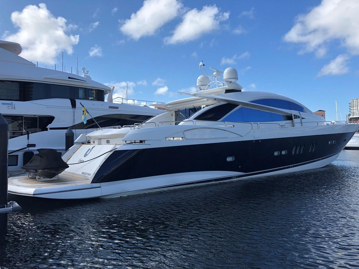 a white yacht on the water aboard UNICO Yacht for Sale