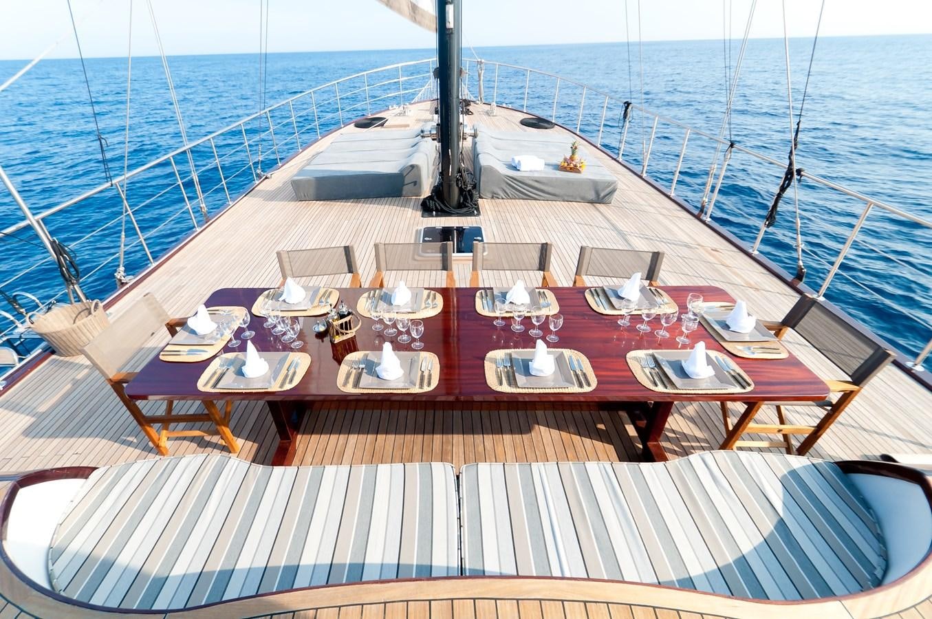 a deck with tables and chairs on it aboard VITA DOLCE Yacht for Sale