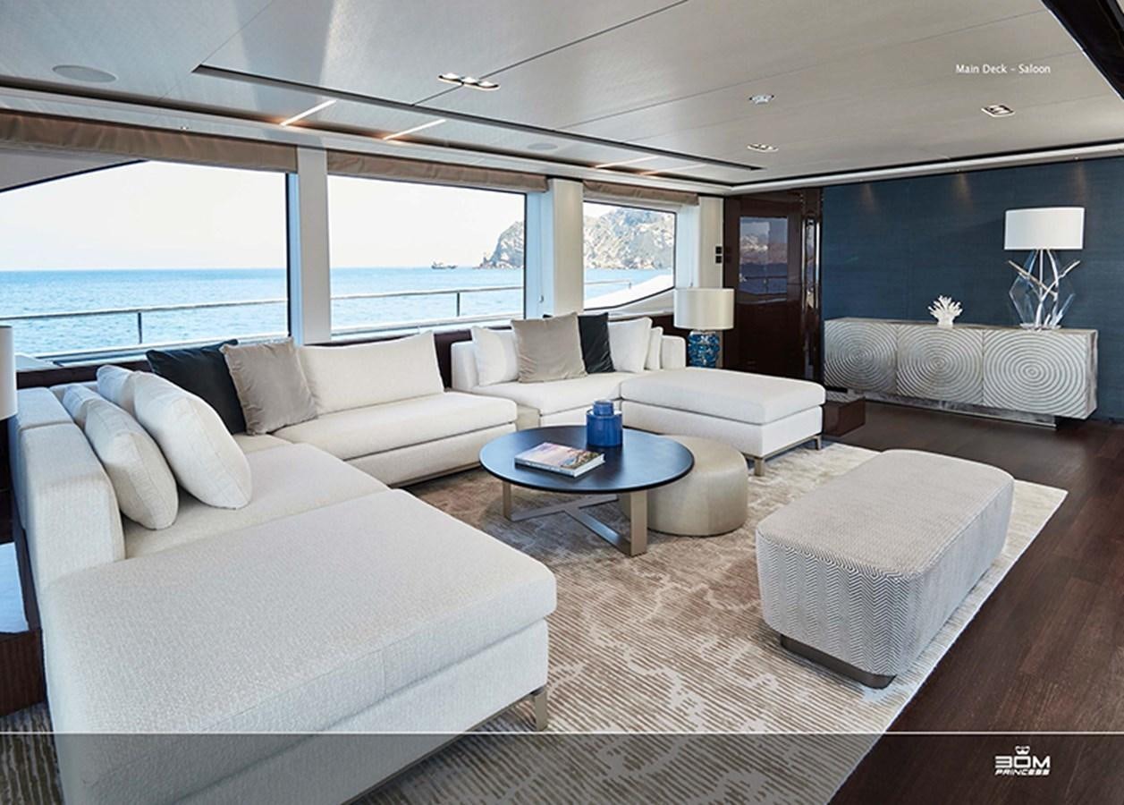 a living room with a large window aboard PRINCESS 30M Yacht for Sale