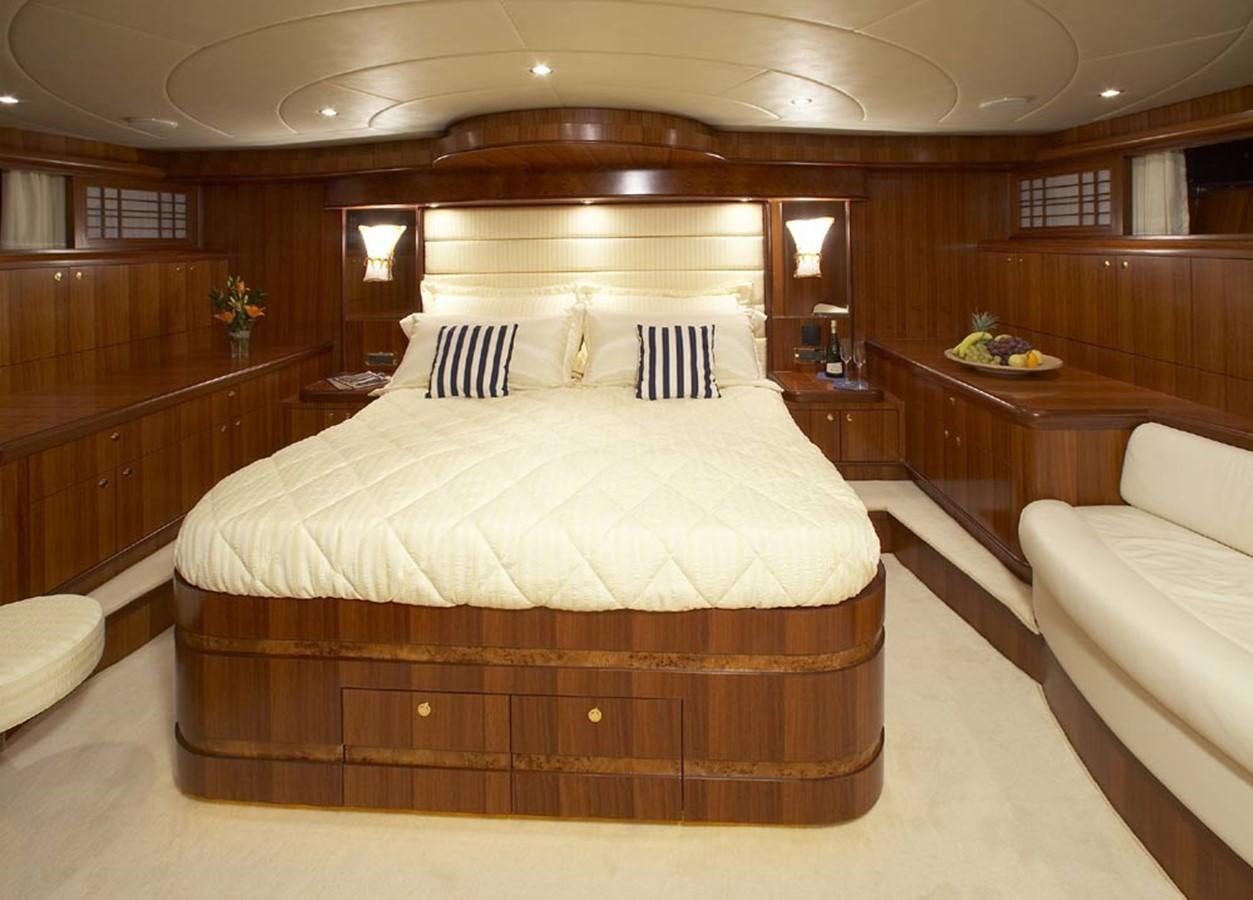a large bed in a room aboard JOHNSON 93 SKYLOUNGE Yacht for Sale