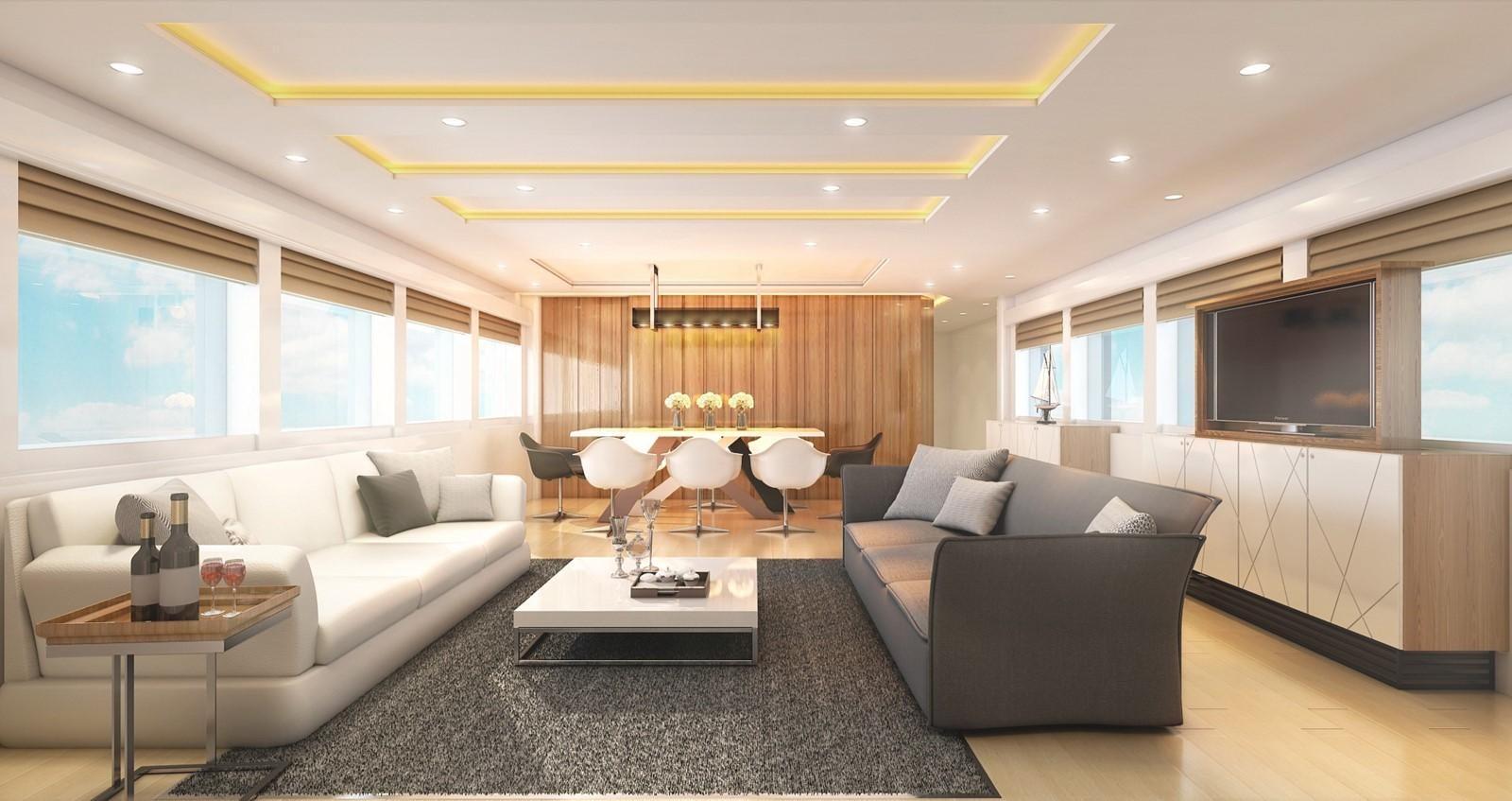 a living room with a couch and a tv aboard JOHNSON 93 SKYLOUNGE Yacht for Sale