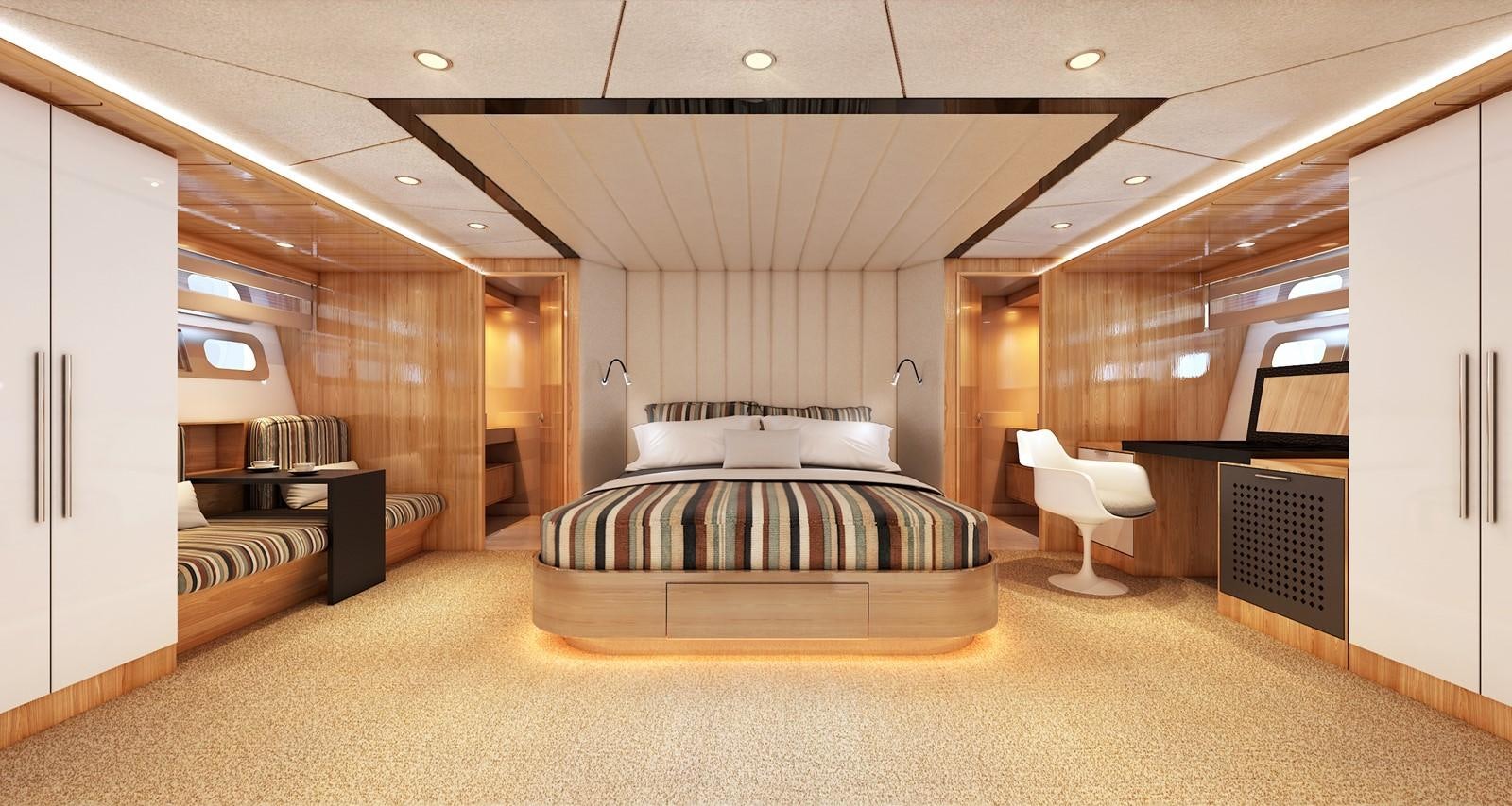 a large room with a bed and a couch aboard JOHNSON 93 SKYLOUNGE Yacht for Sale