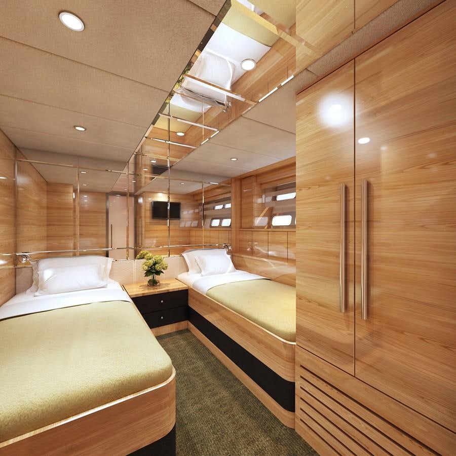 a room with a couple of beds aboard JOHNSON 93 SKYLOUNGE Yacht for Sale