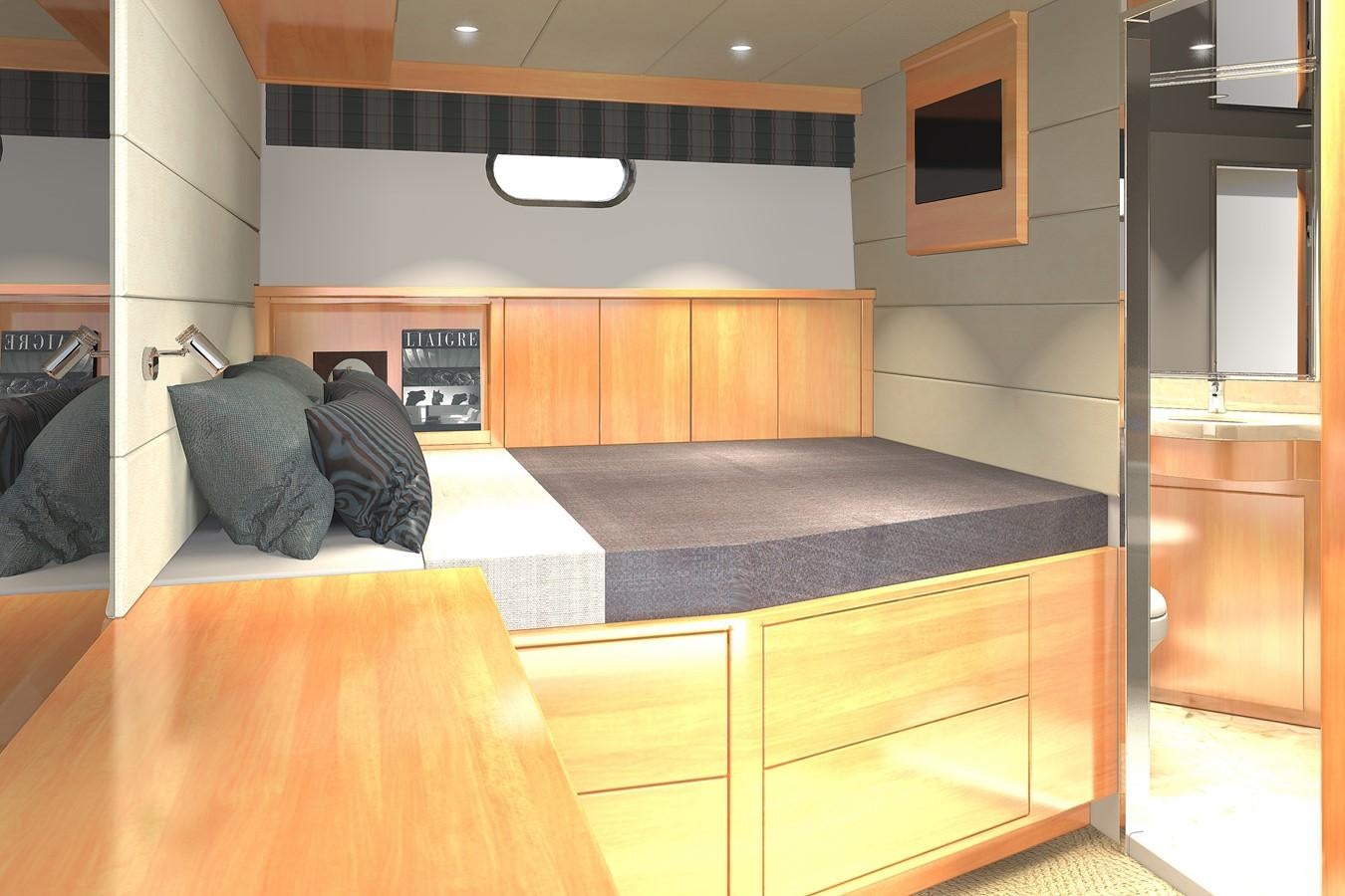 a room with a couch and a table aboard JOHNSON 93 SKYLOUNGE Yacht for Sale