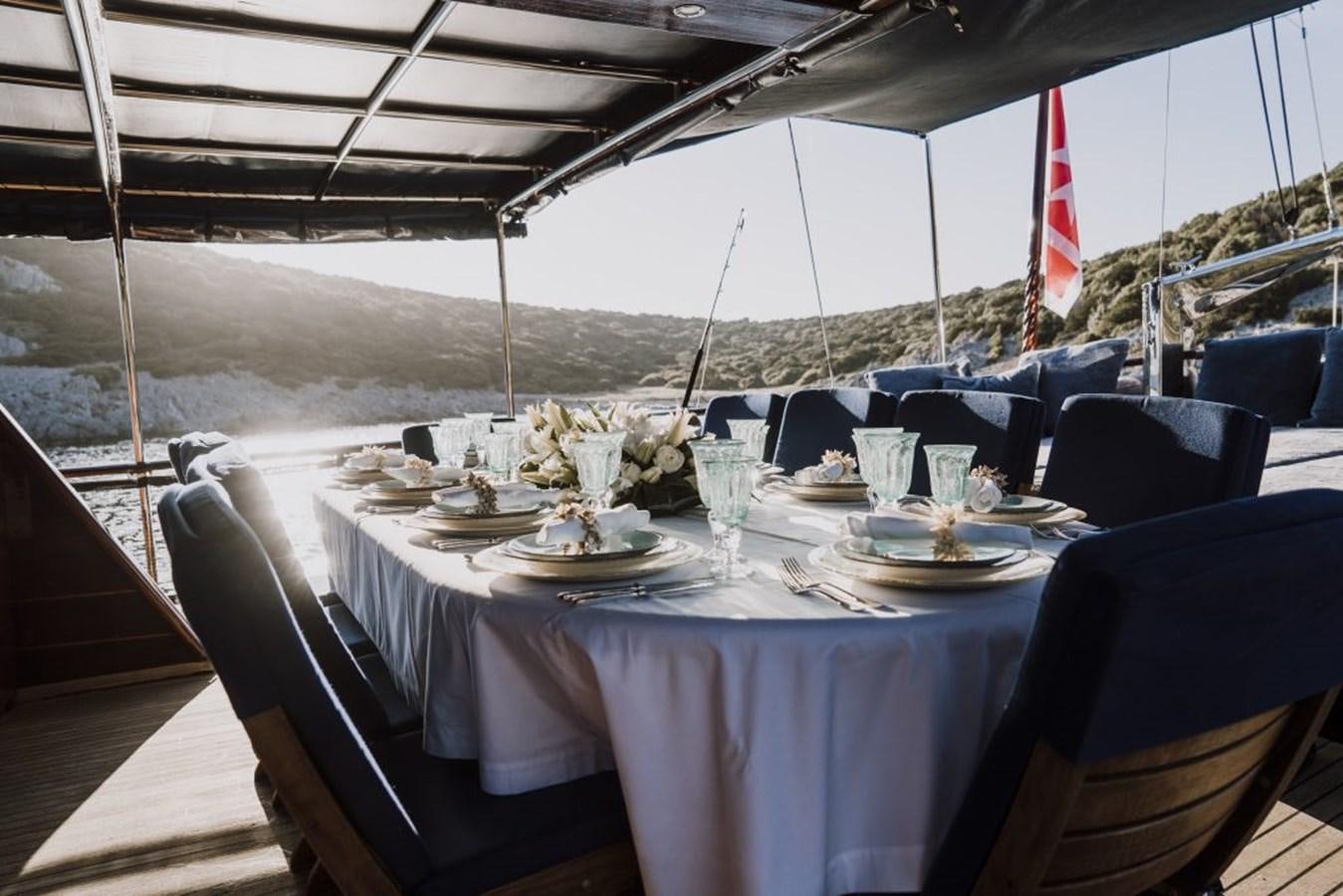 a table set for a dinner aboard CAPRICORN 1 Yacht for Sale