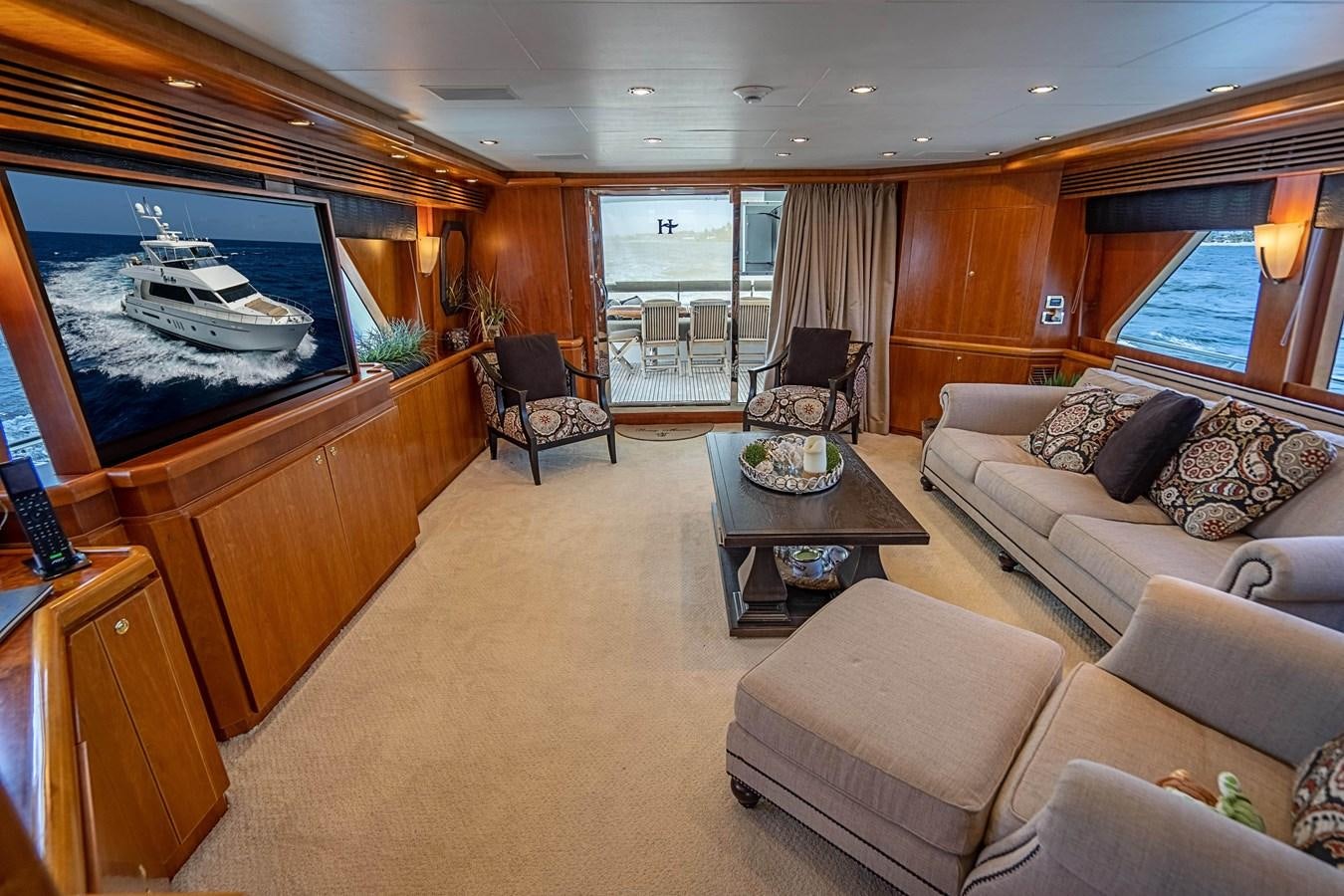 a living room with a large screen aboard ROXY MARIA Yacht for Sale