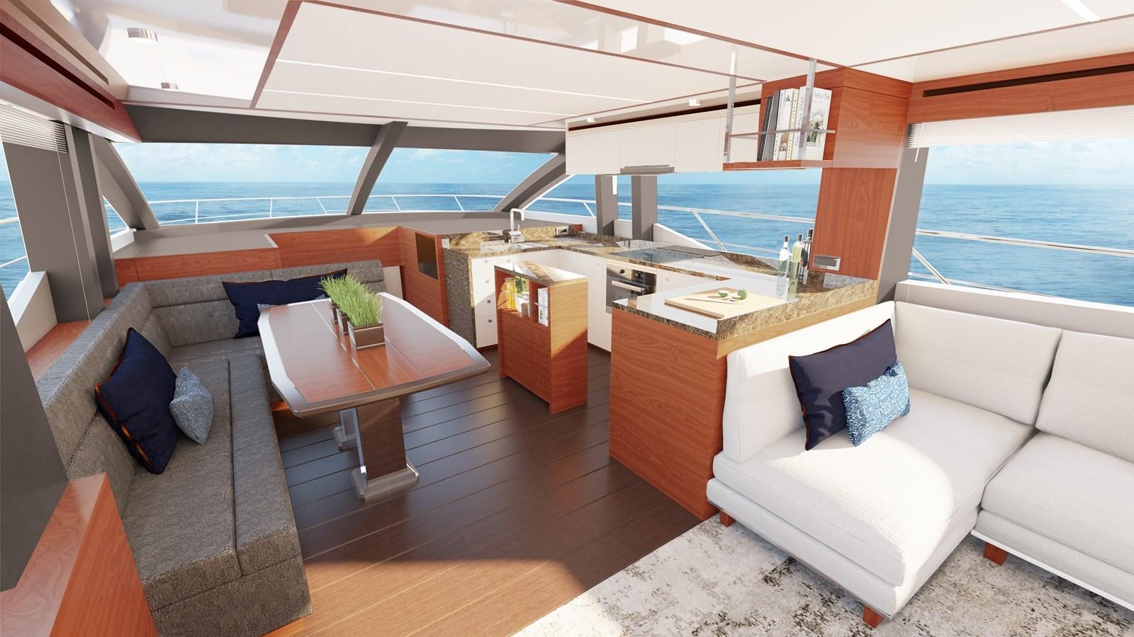 a room with a couch and a table aboard JOHNSON 70' SKYLOUNGE M/Y Yacht for Sale