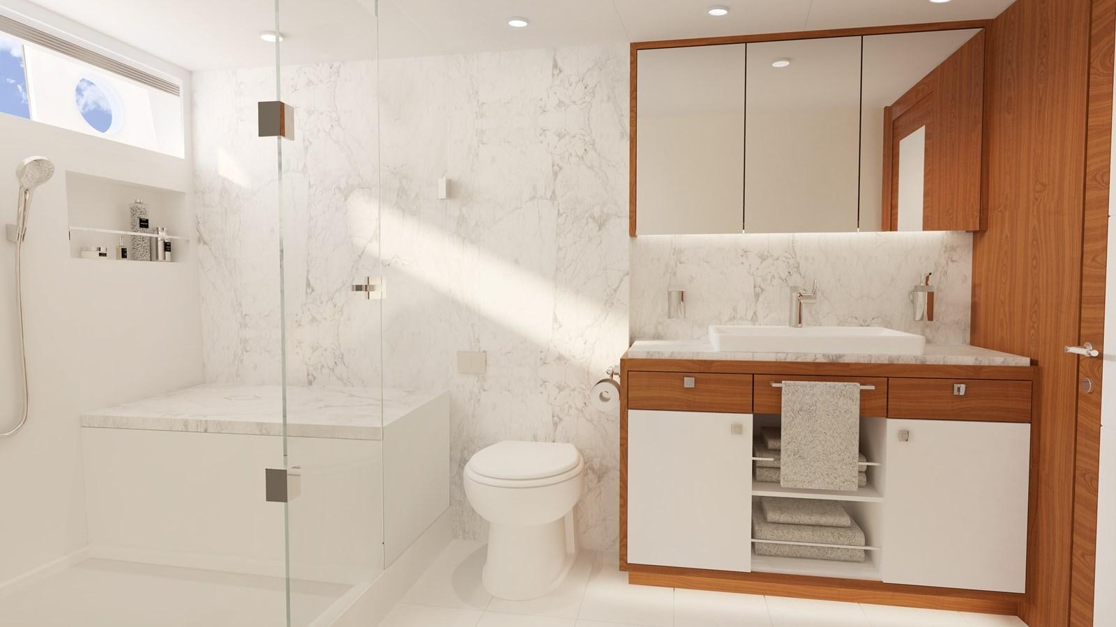 a bathroom with a stand up shower aboard JOHNSON 70' SKYLOUNGE M/Y Yacht for Sale