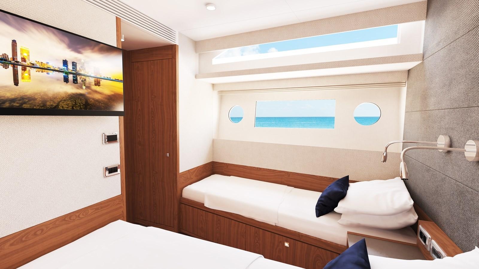 a room with a bed and a wall with a painting on it aboard JOHNSON 70' SKYLOUNGE M/Y Yacht for Sale