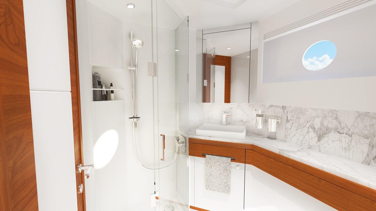 a bathroom with a tub sink and cabinets aboard JOHNSON 70' SKYLOUNGE M/Y Yacht for Sale