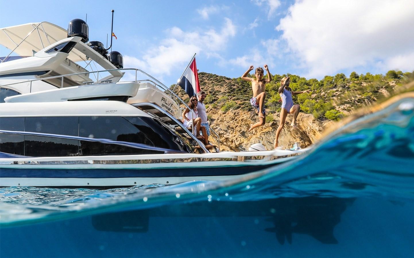a group of people jumping off a boat aboard VAN DER VALK BEACHCLUB 660 FLYBRIDGE Yacht for Sale