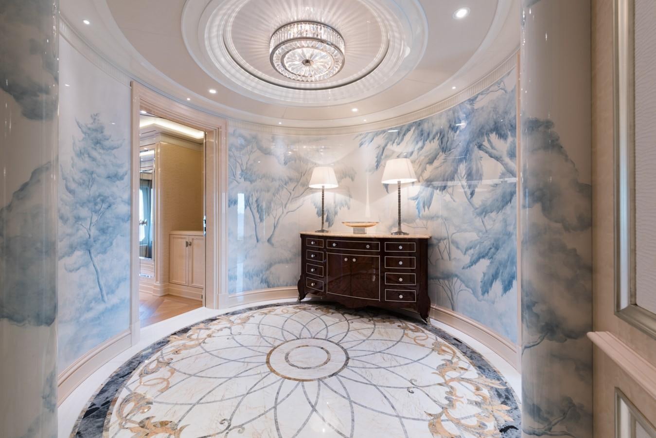 a large bathroom with a large marble floor aboard PLVS VLTRA Yacht for Sale