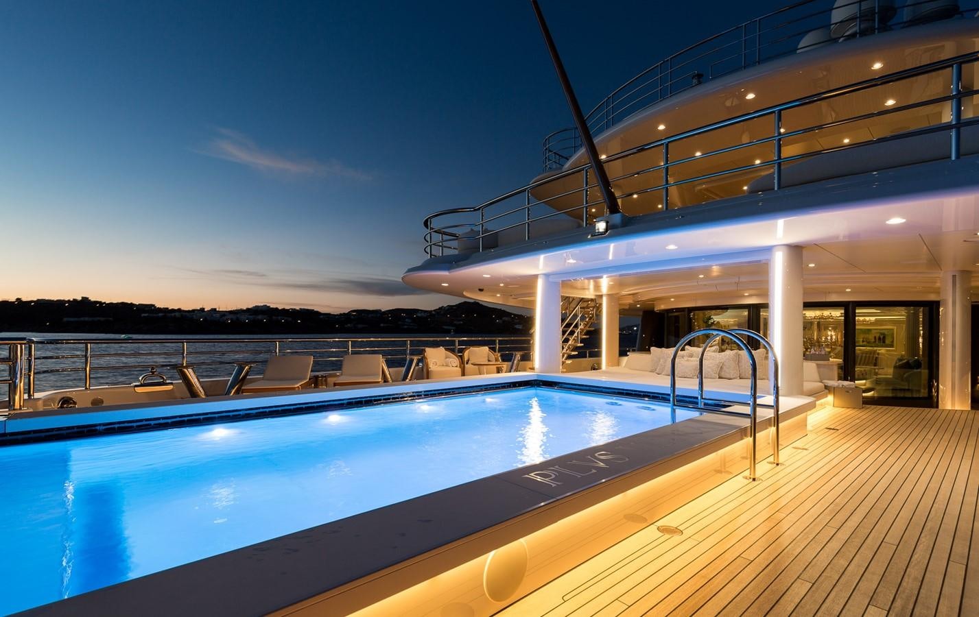 a large swimming pool aboard PLVS VLTRA Yacht for Sale