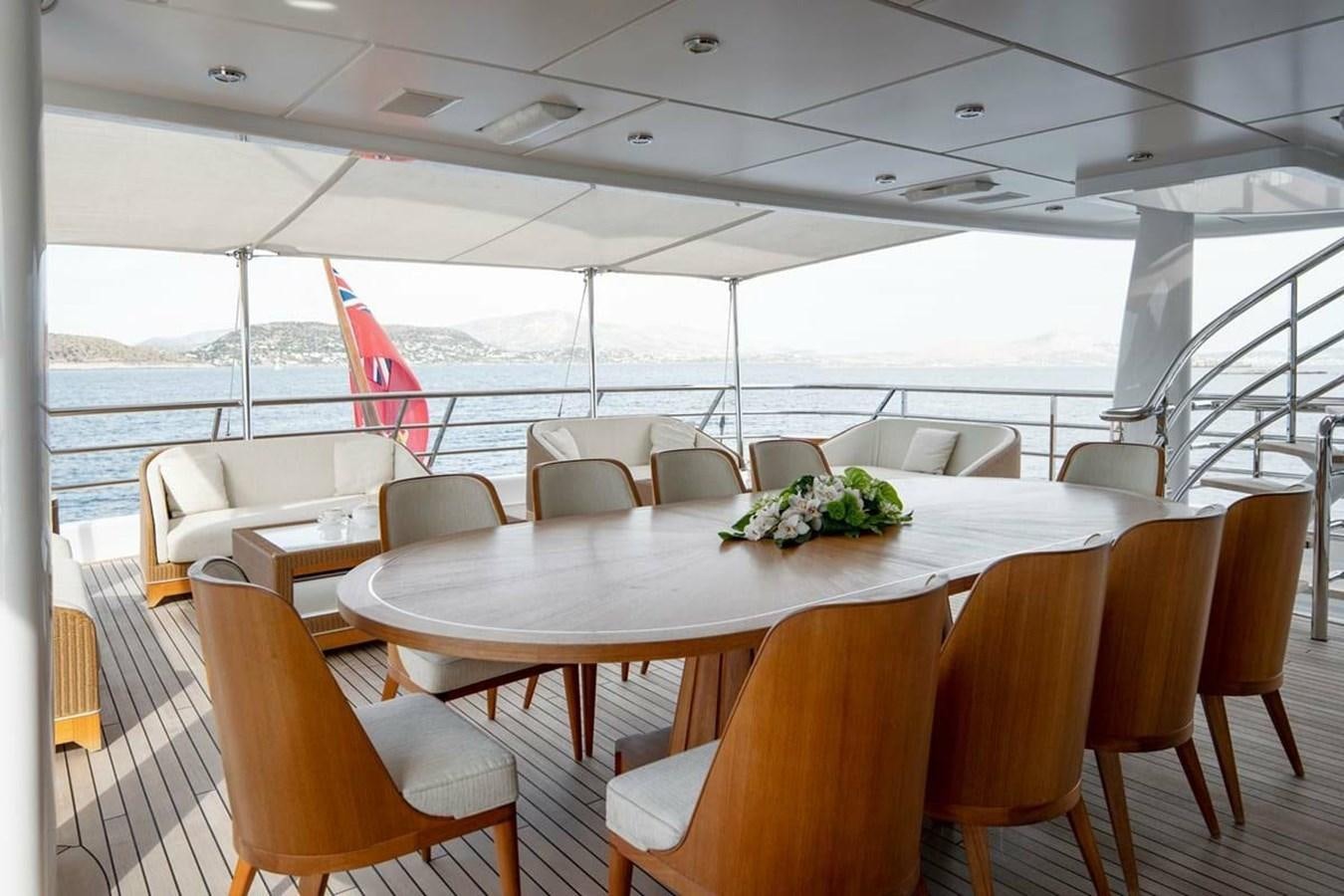 a dining table with chairs and a flag on the wall aboard LA FAMILIA Yacht for Sale