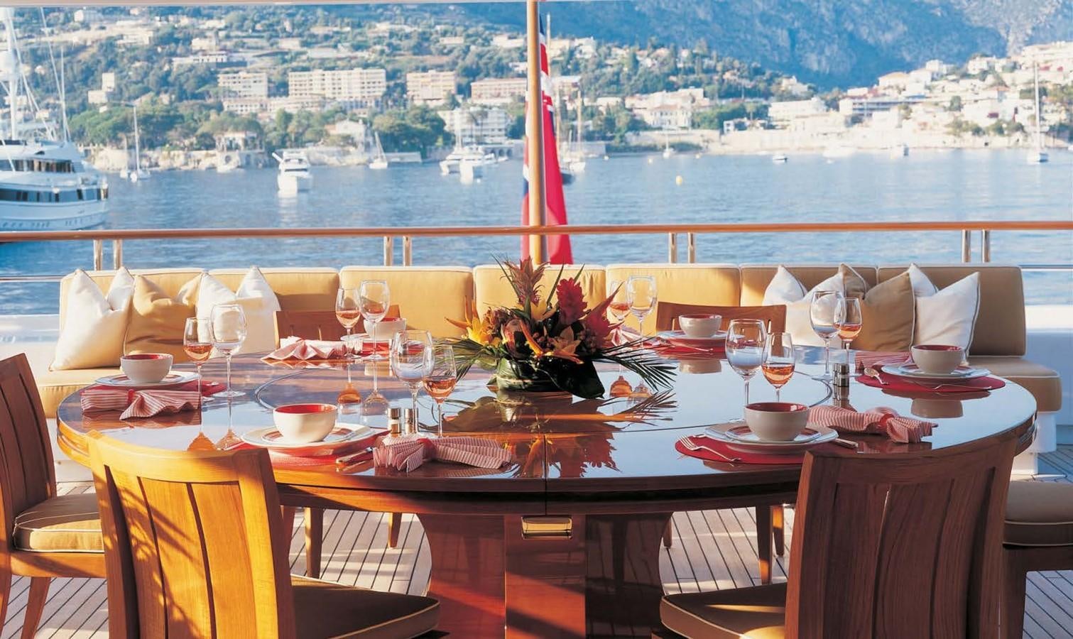 a table set with food and drinks aboard HADIA Yacht for Sale