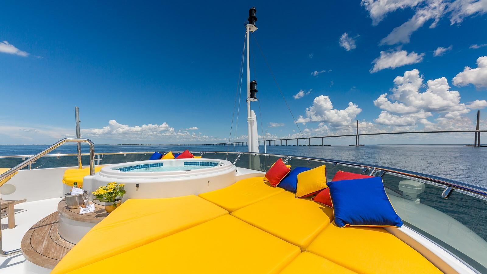 a yellow boat on a body of water with a pole and blue sky aboard SORCHA Yacht for Sale