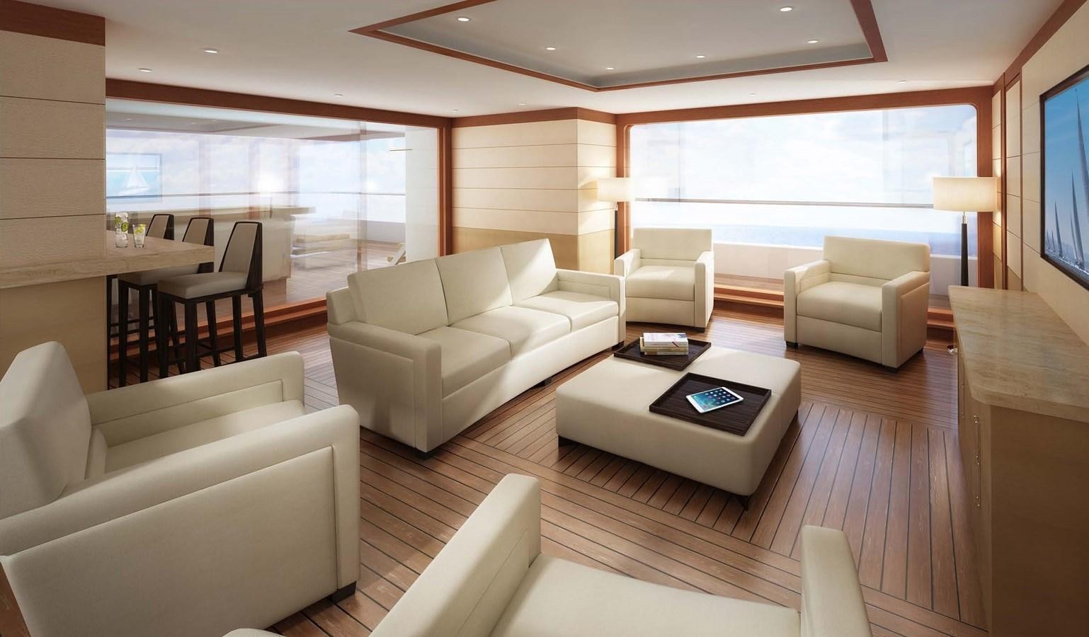 a living room with a large window aboard GOLDEN ORCHID Yacht for Sale