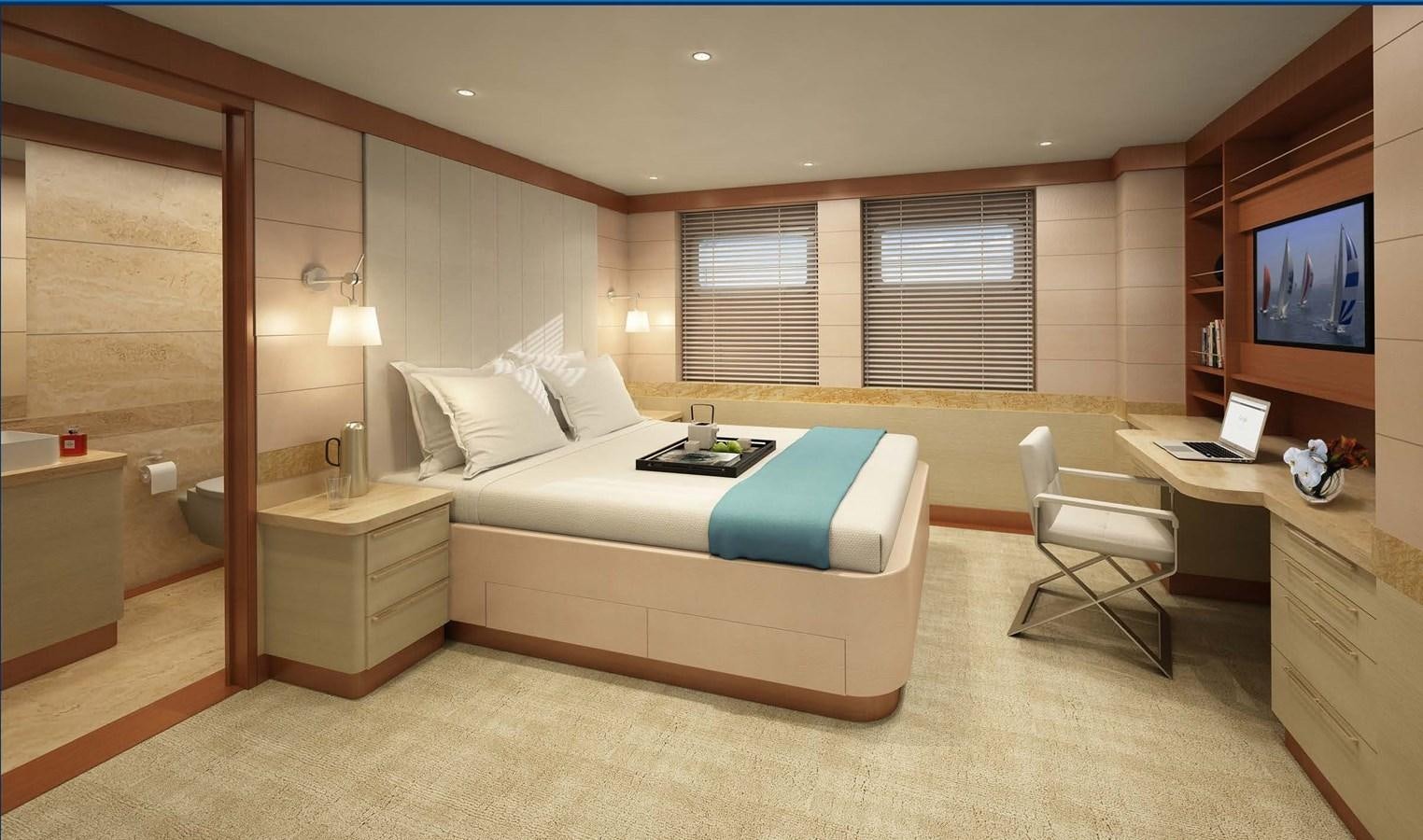 a bedroom with a bed and a desk aboard GOLDEN ORCHID Yacht for Sale
