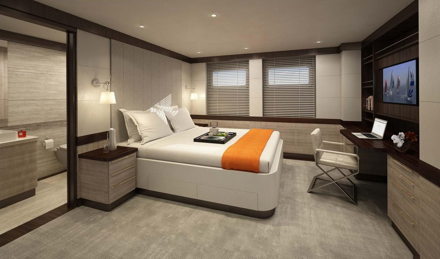 a bedroom with a bed and a tv aboard GOLDEN ORCHID Yacht for Sale