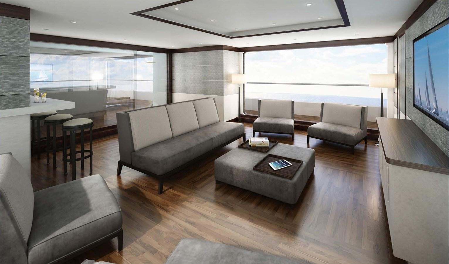 a living room with a large window aboard GOLDEN ORCHID Yacht for Sale