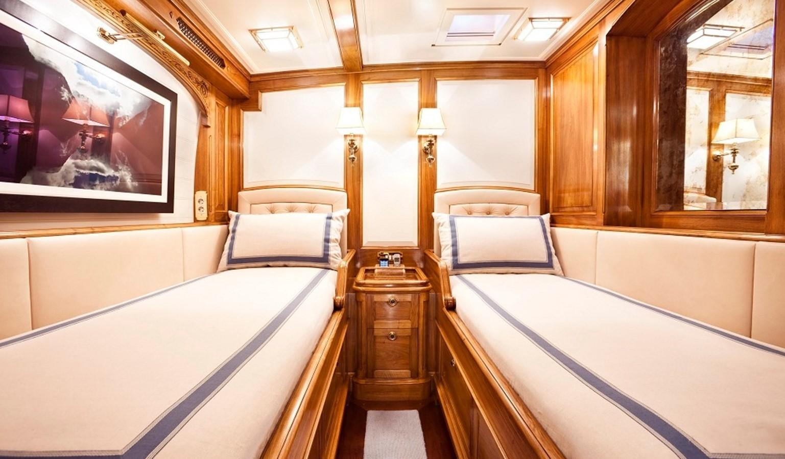 a room with wooden walls and wood furniture aboard HANUMAN Yacht for Sale