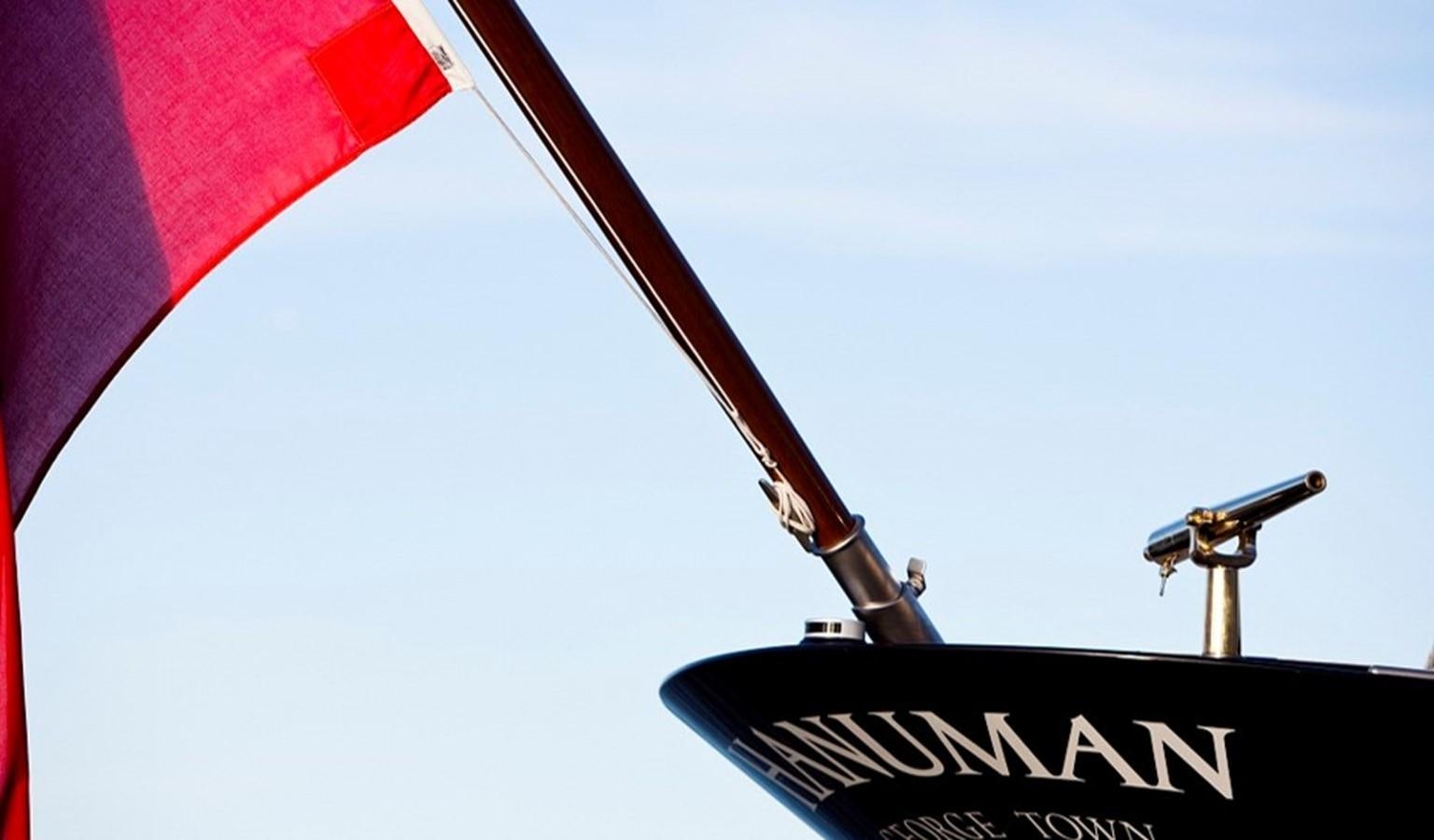 a sign with a flag in the background aboard HANUMAN Yacht for Sale