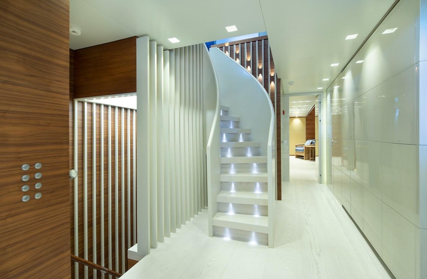 a long hallway with glass doors aboard ASTERI Yacht for Sale