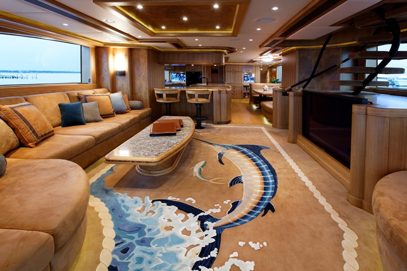 a living room with a large rug aboard ATLANTIS Yacht for Sale
