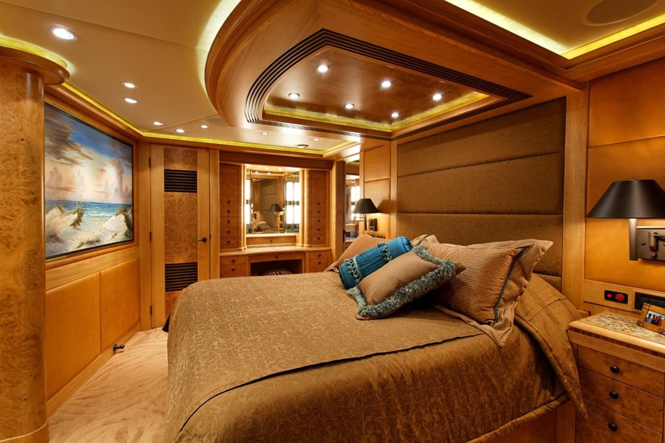 a large bed in a room aboard ATLANTIS Yacht for Sale