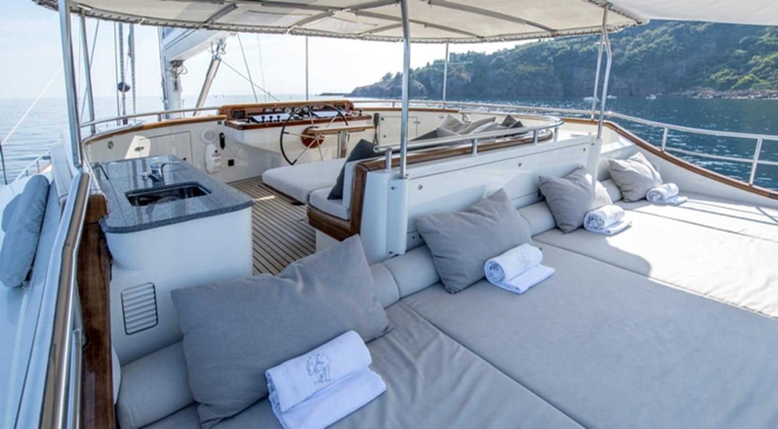 a boat with pillows on it aboard CORTO MALTESE Yacht for Sale