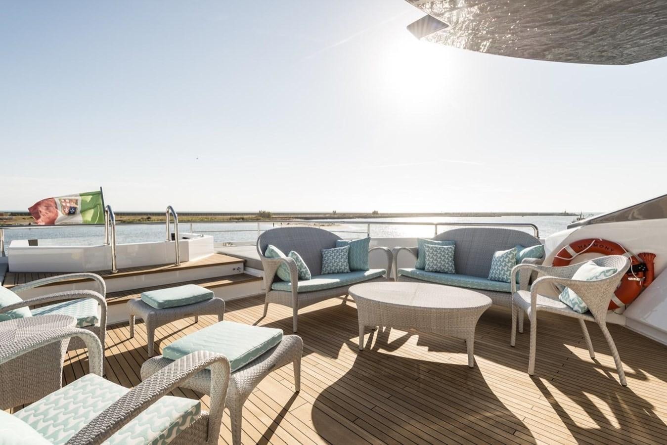 a patio with a table and chairs aboard HARMONY Yacht for Sale