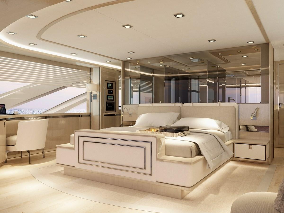 a large room with couches aboard BERING B117 Yacht for Sale