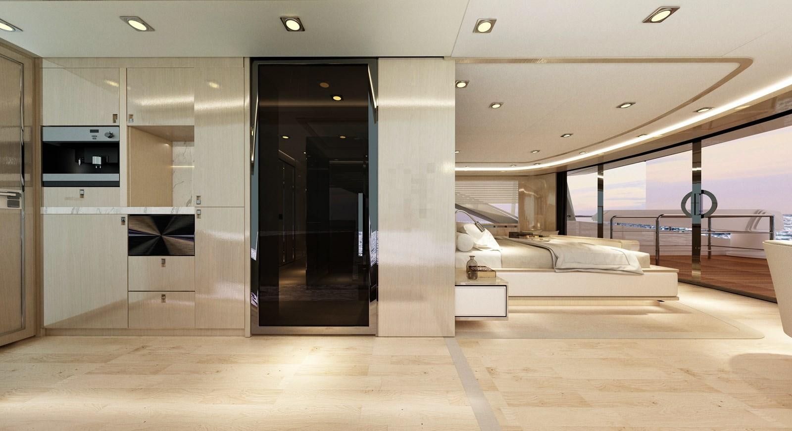 a room with a bed and a large glass door aboard BERING B117 Yacht for Sale