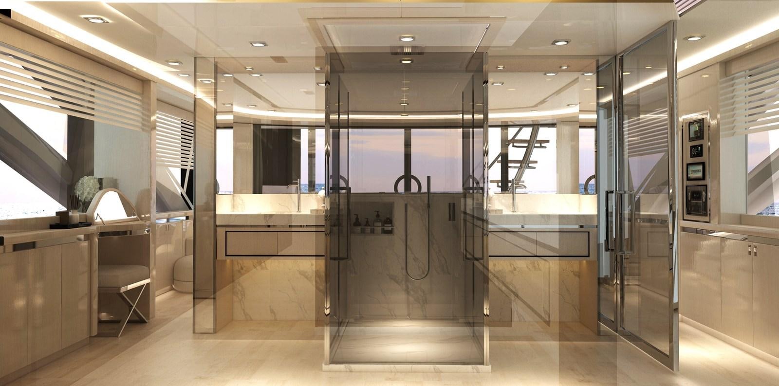 a large room with glass walls aboard BERING B117 Yacht for Sale