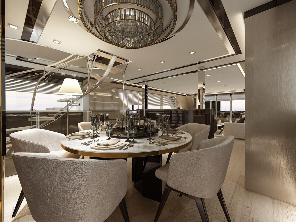 a large room with a table and chairs aboard BERING B117 Yacht for Sale